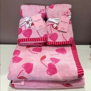 Juicy Couture Double Sided Pink Heart Cherry Bath and Hand Towels Bath Set 6 Pcs